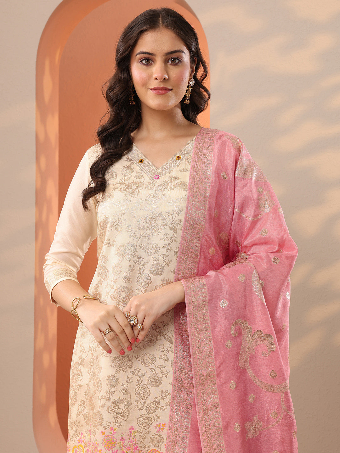Off White Woven Design Silk Blend Straight Suit Set With Dupatta