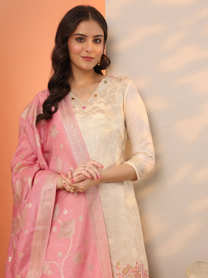 Off White Woven Design Silk Blend Straight Suit Set With Dupatta