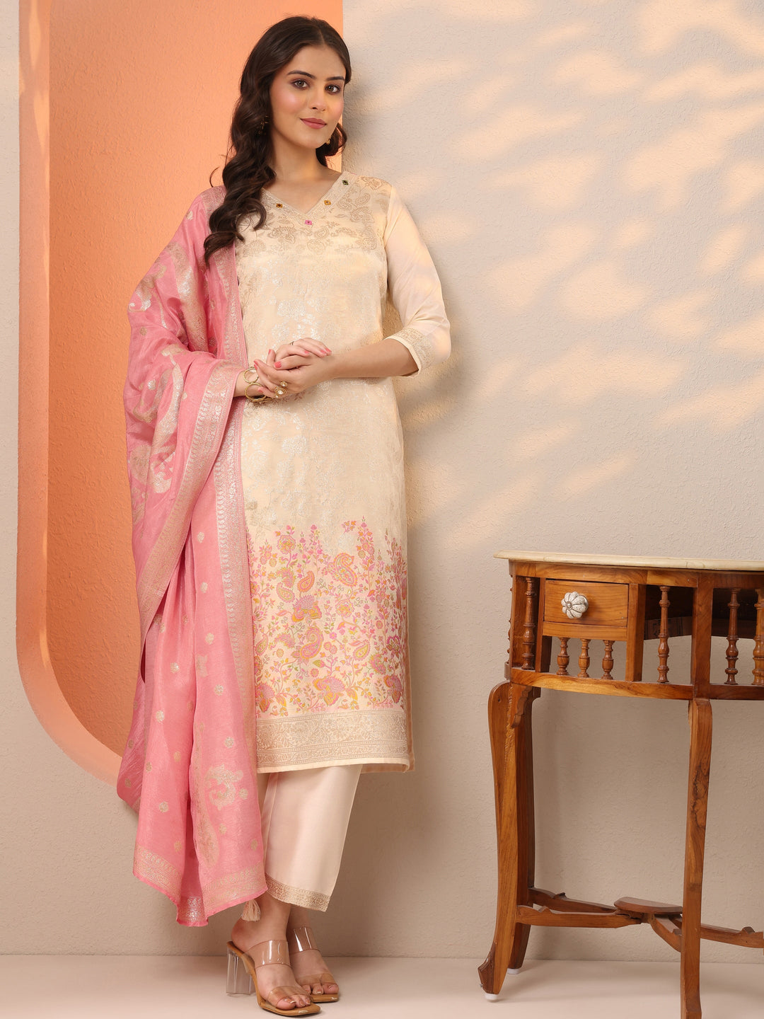 Off White Woven Design Silk Blend Straight Suit Set With Dupatta