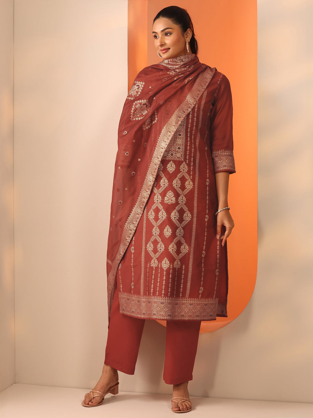 Rust Woven Design Silk Blend Straight Suit Set With Dupatta