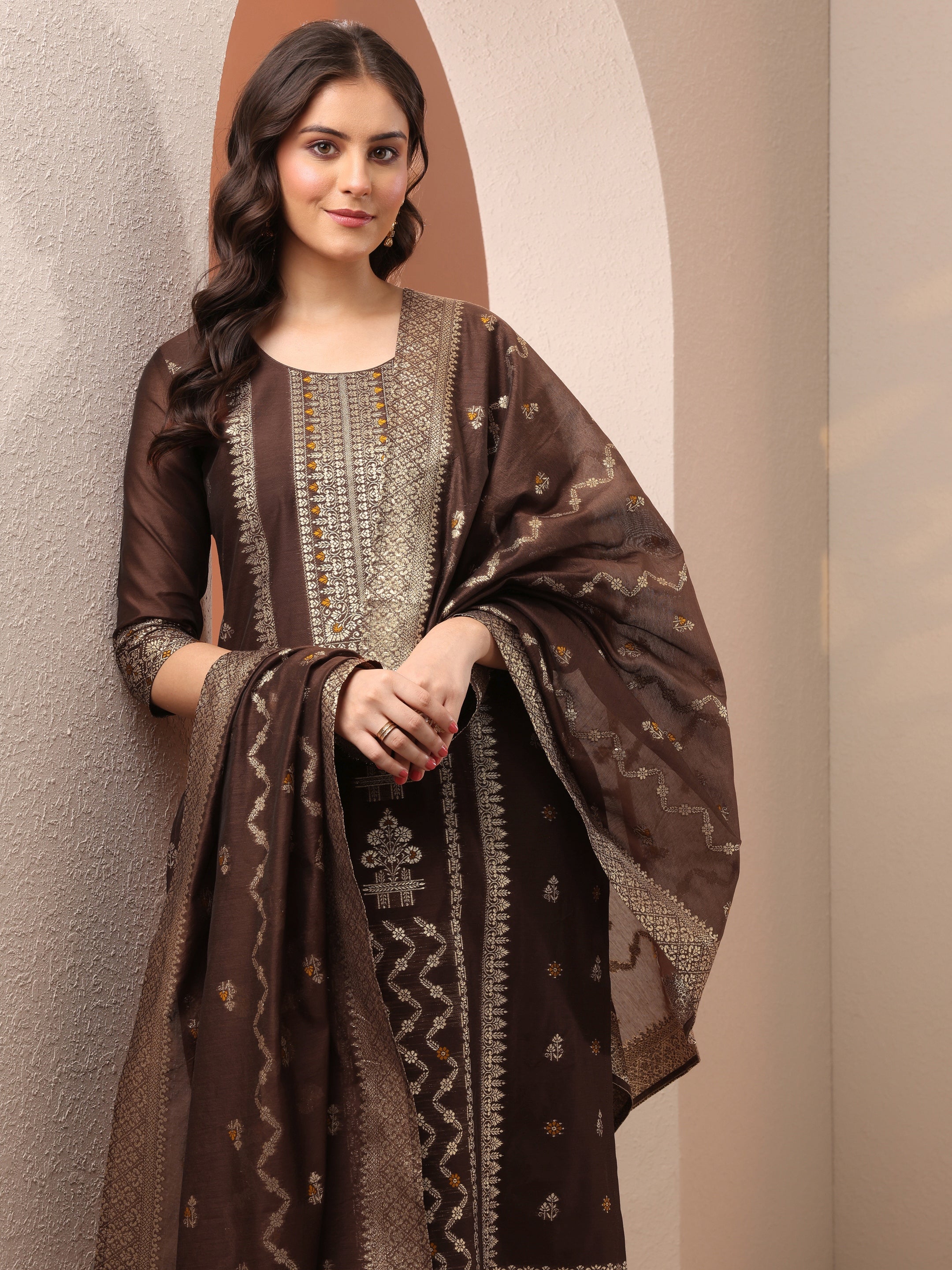 Buy Brown Woven Design Silk Blend Straight Suit Set With Dupatta Online