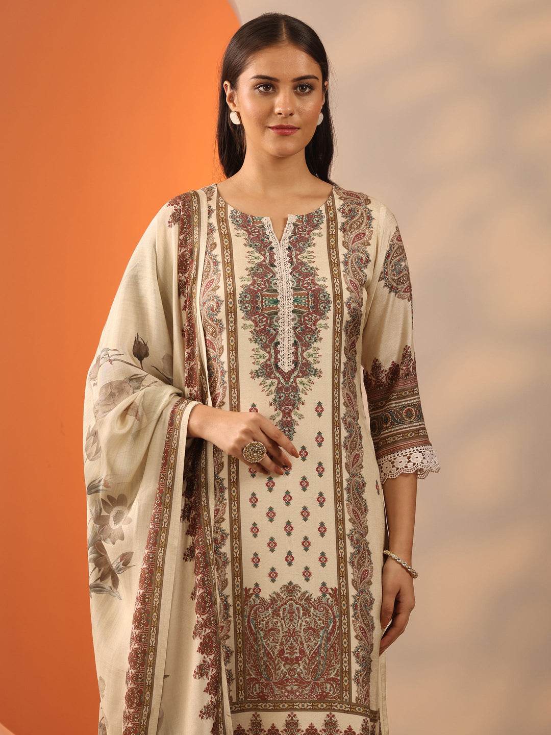 Off White Printed Muslin Straight Suit Set With Dupatta