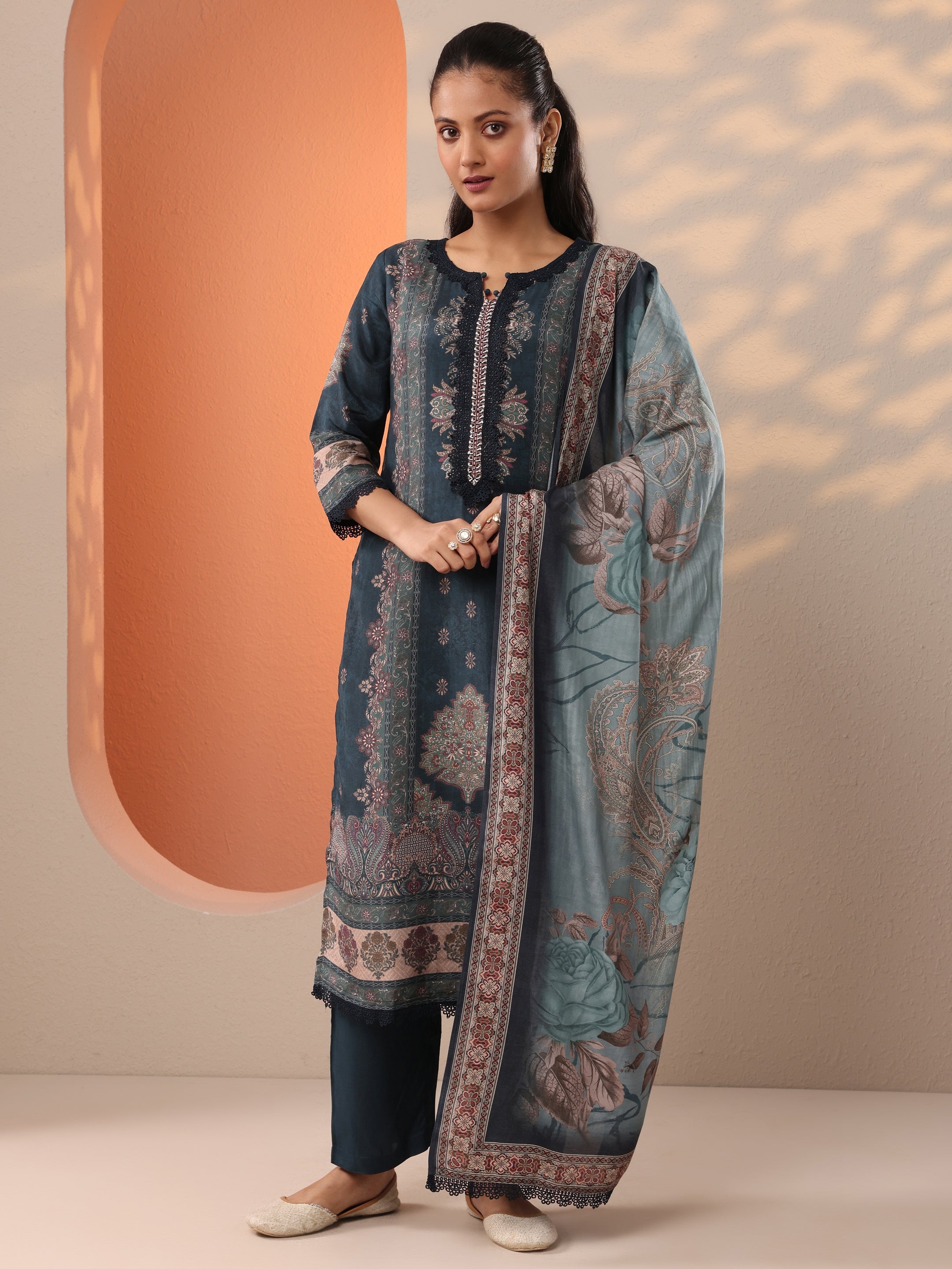 Libas Teal Floral Printed Kurta Set