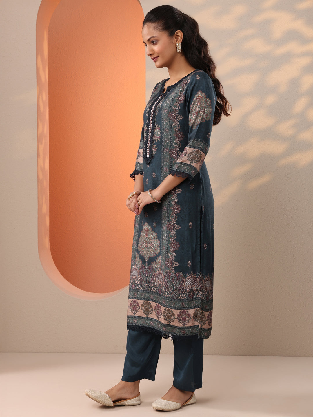 Teal Printed Muslin Straight Suit Set With Dupatta