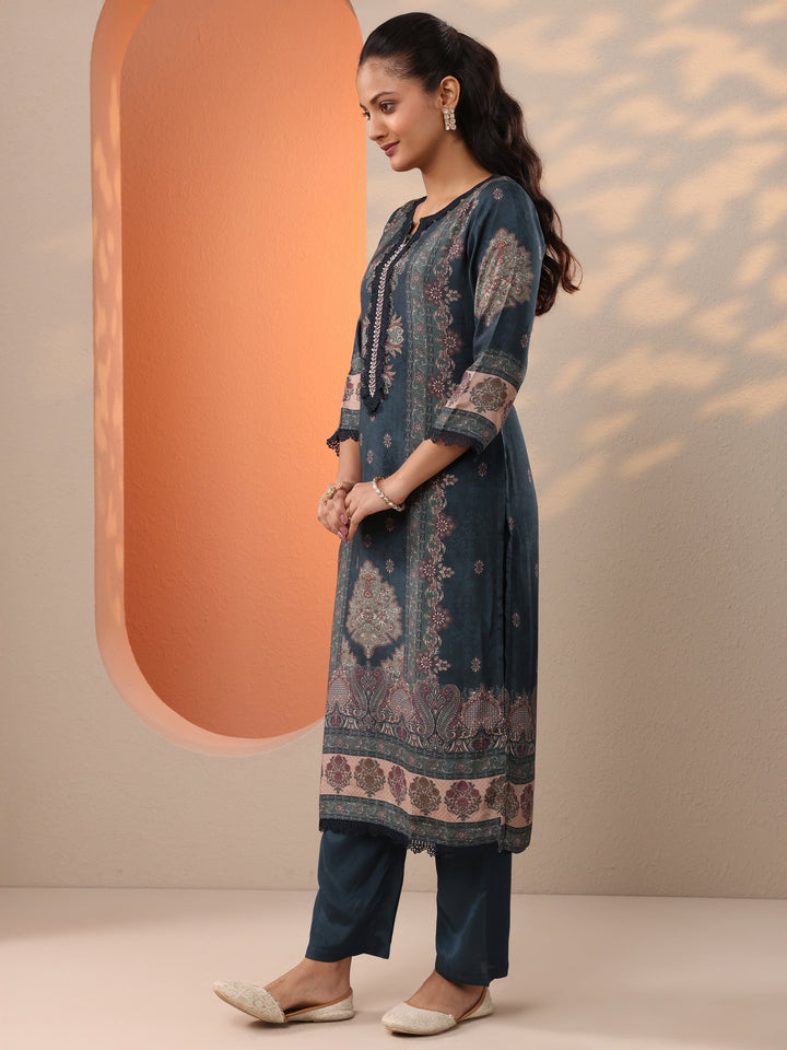 Teal Printed Muslin Straight Suit Set With Dupatta