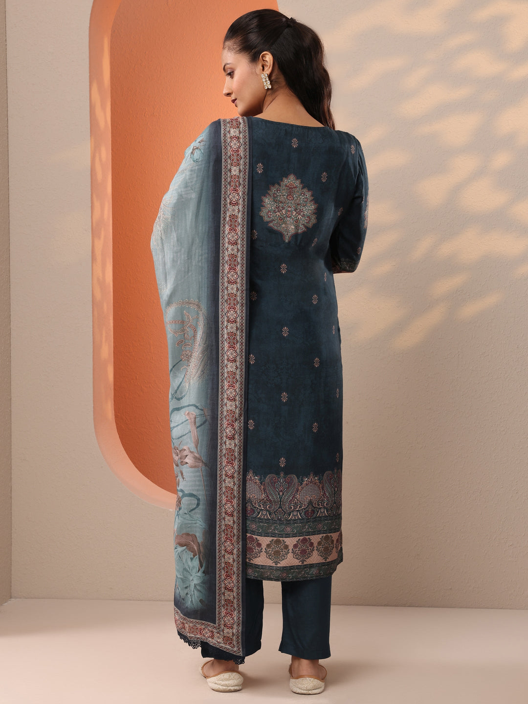 Teal Printed Muslin Straight Suit Set With Dupatta