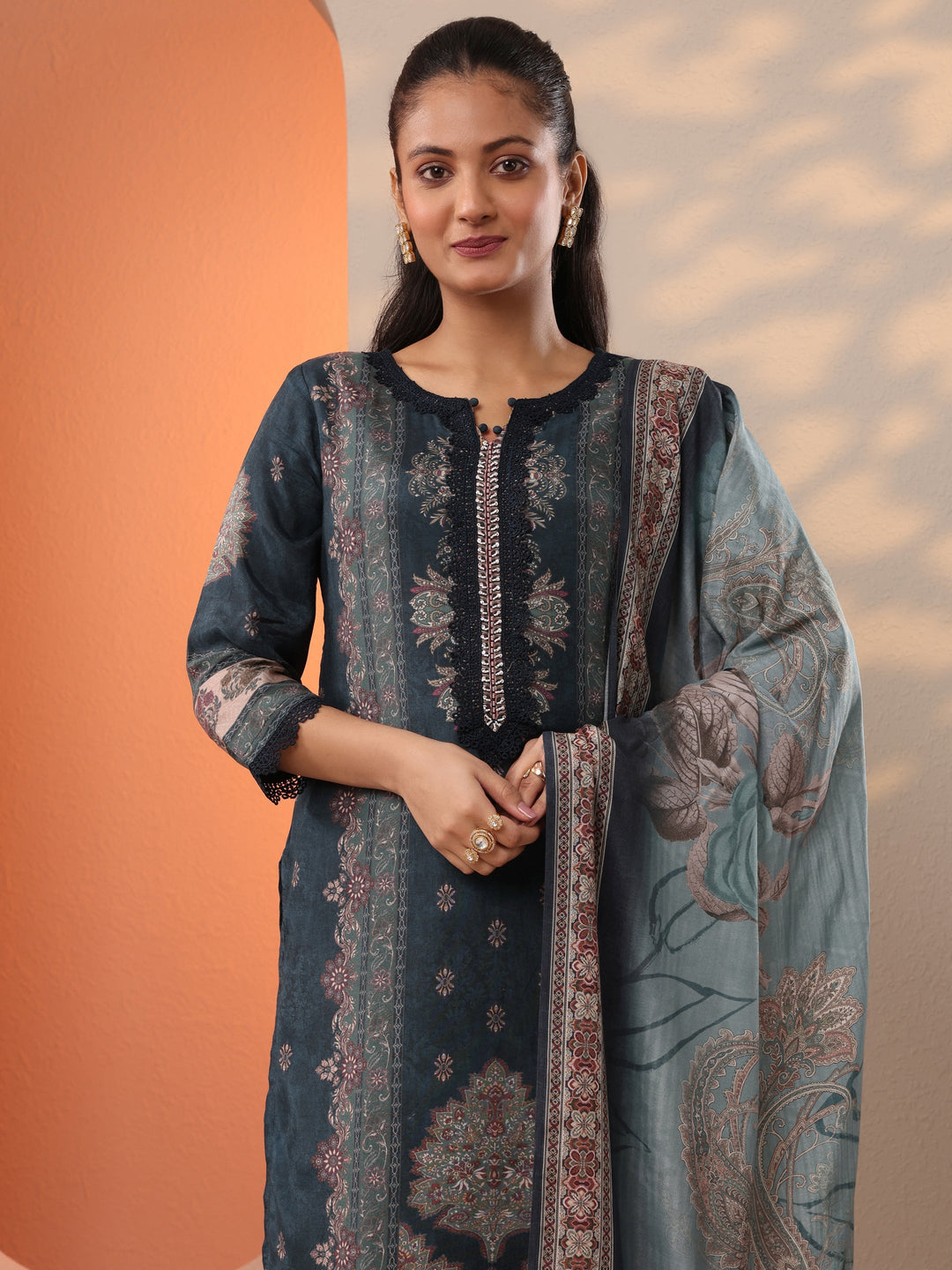 Teal Printed Muslin Straight Suit Set With Dupatta