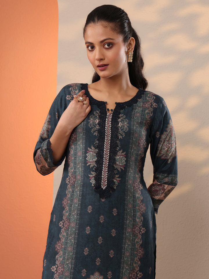 Teal Printed Muslin Straight Suit Set With Dupatta