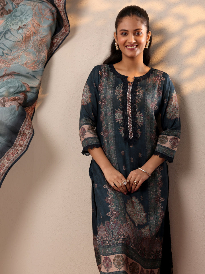 Teal Printed Muslin Straight Suit Set With Dupatta