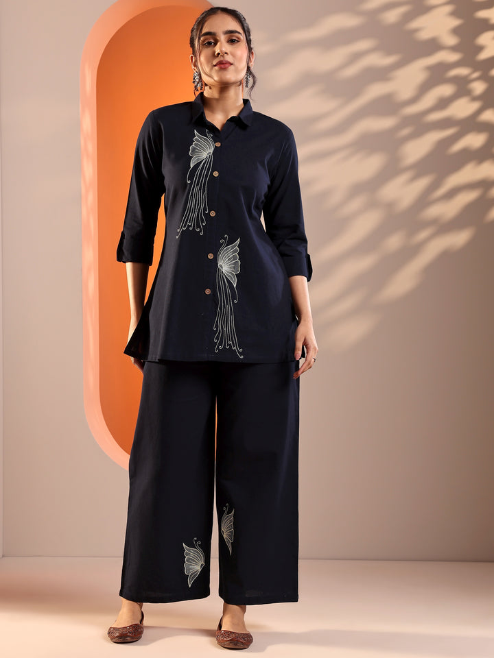 Navy Blue Embroidered Cotton Blend Co-Ord Sets