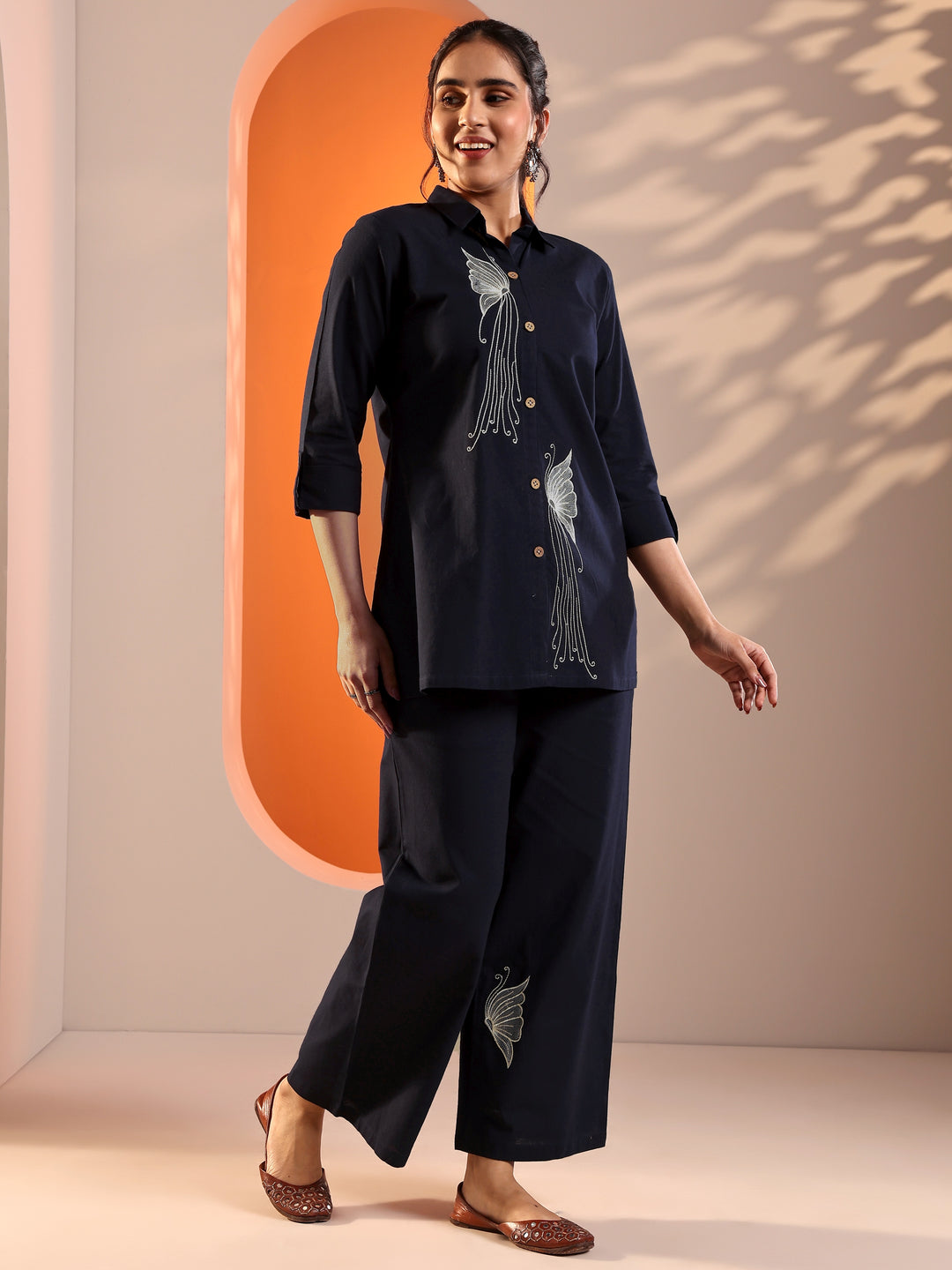 Navy Blue Embroidered Cotton Blend Co-Ord Sets