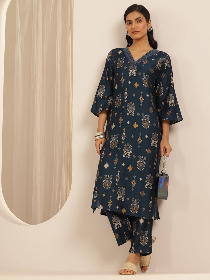 Navy Blue Printed Silk Blend Co-Ord Sets