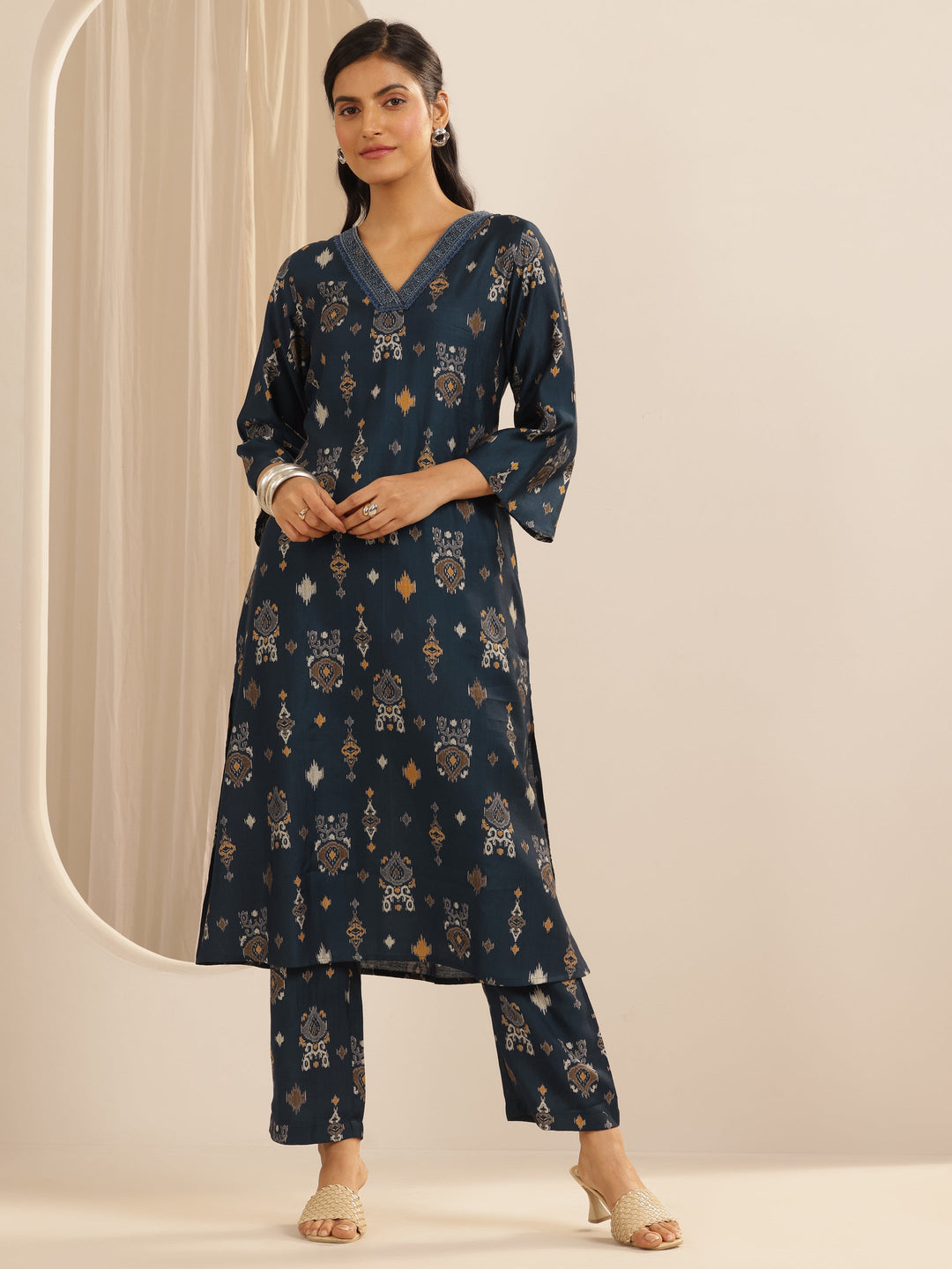 Navy Blue Printed Silk Blend Co-Ord Sets
