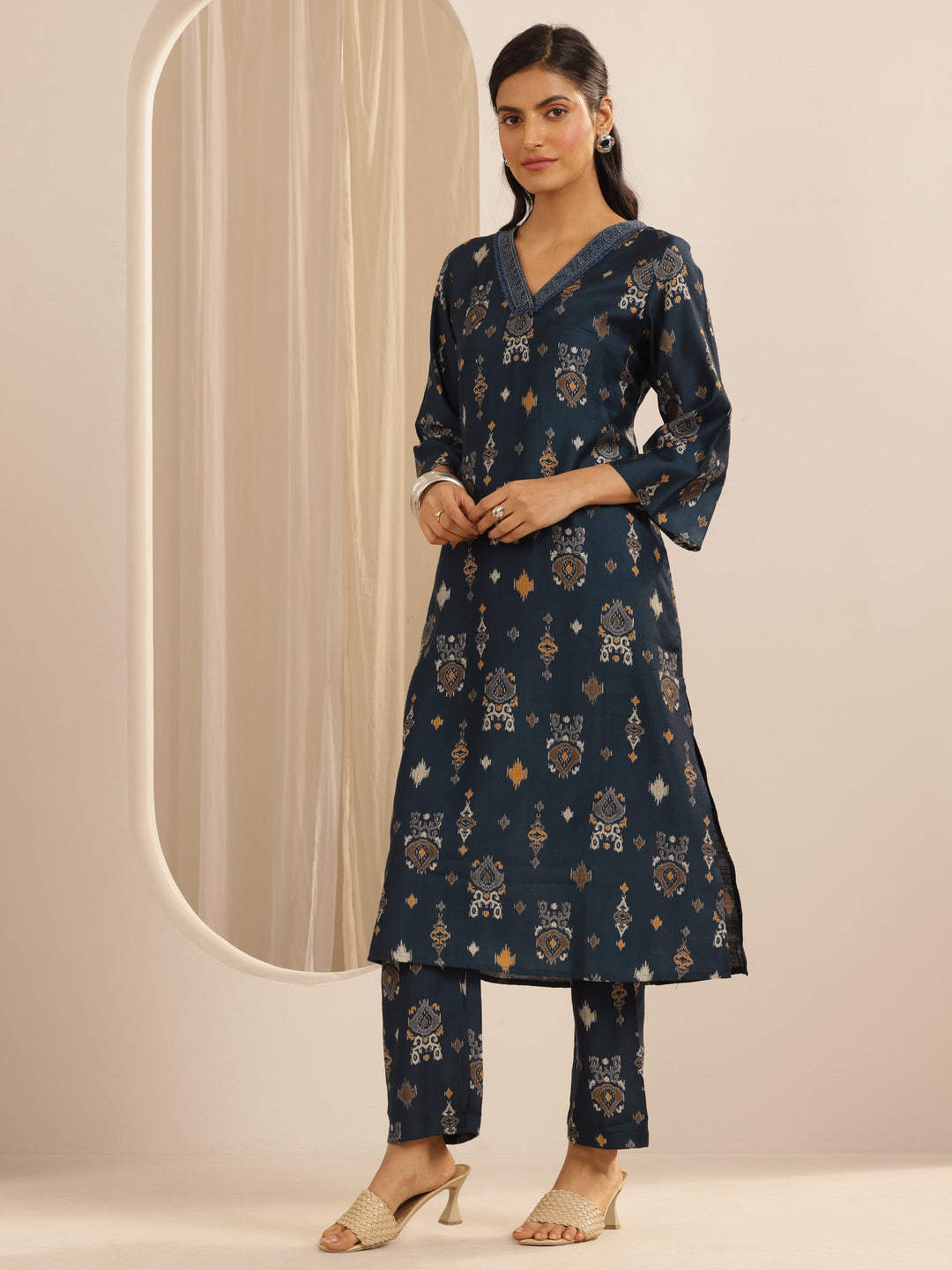 Navy Blue Printed Silk Blend Co-Ord Sets