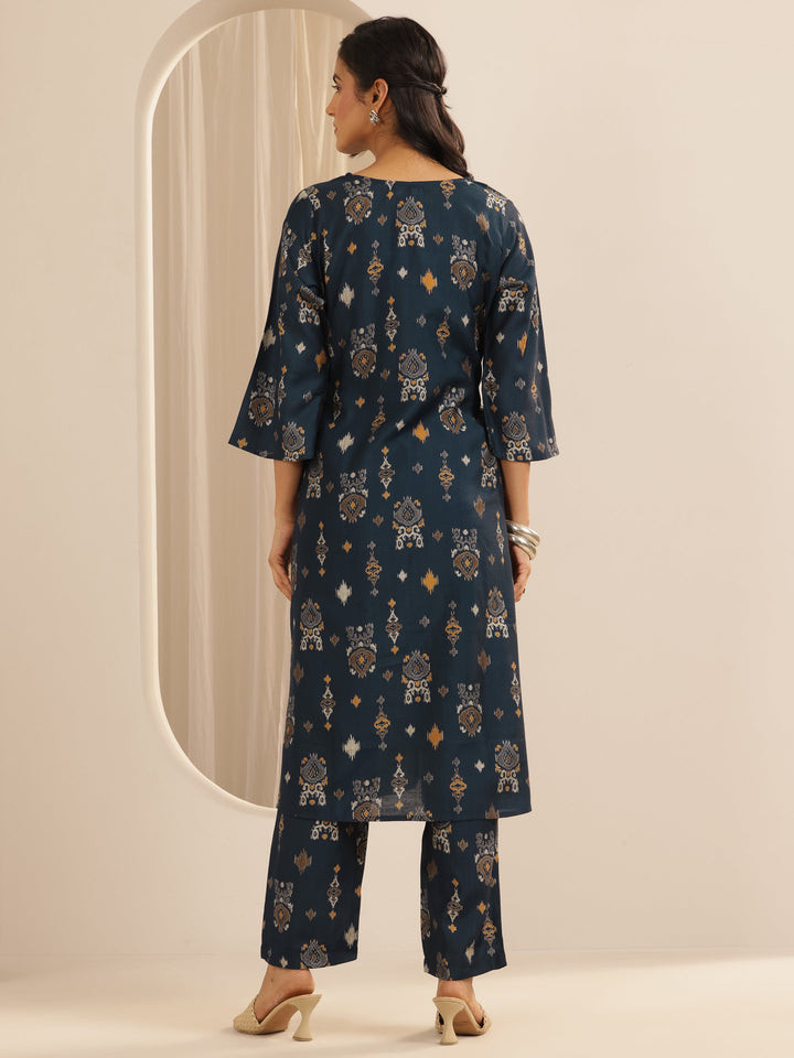 Navy Blue Printed Silk Blend Co-Ord Sets