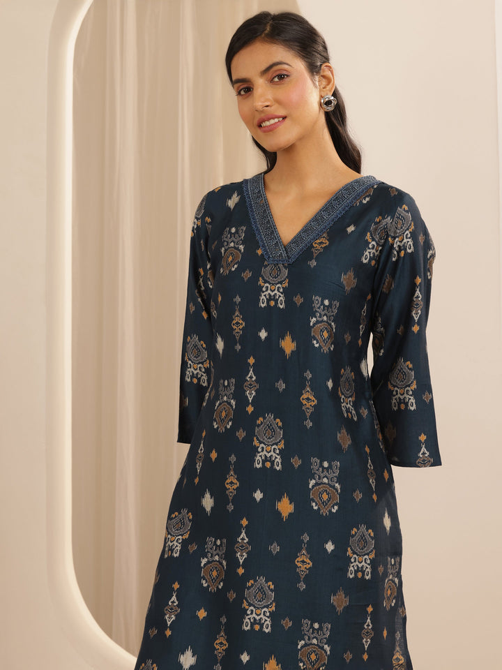 Navy Blue Printed Silk Blend Co-Ord Sets