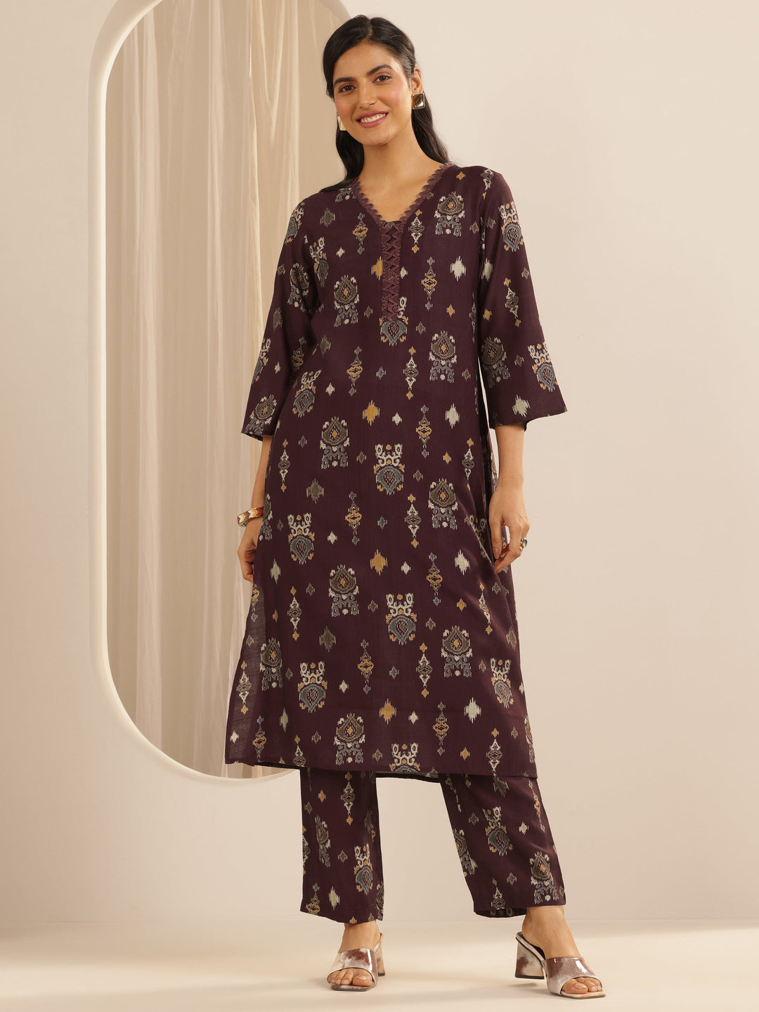 Brown Printed Silk Blend Co-Ord Sets