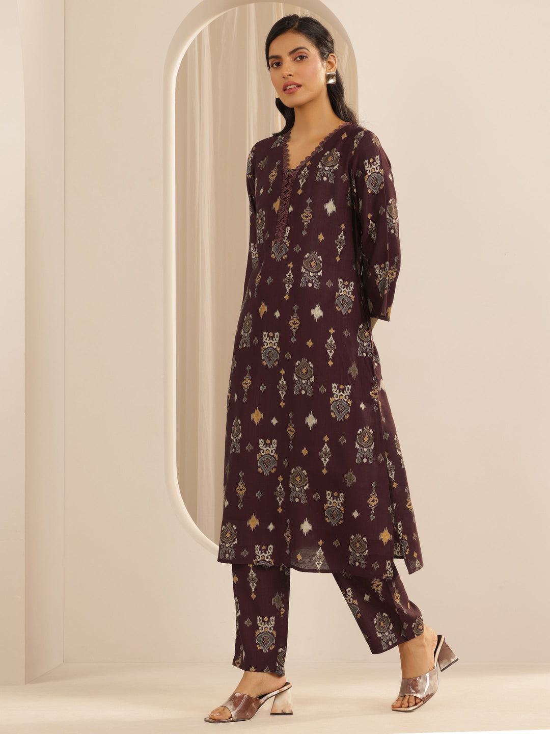 Brown Printed Silk Blend Co-Ord Sets