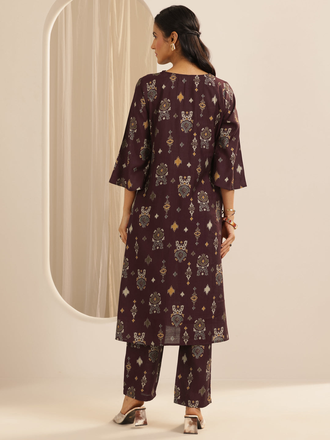 Brown Printed Silk Blend Co-Ord Sets