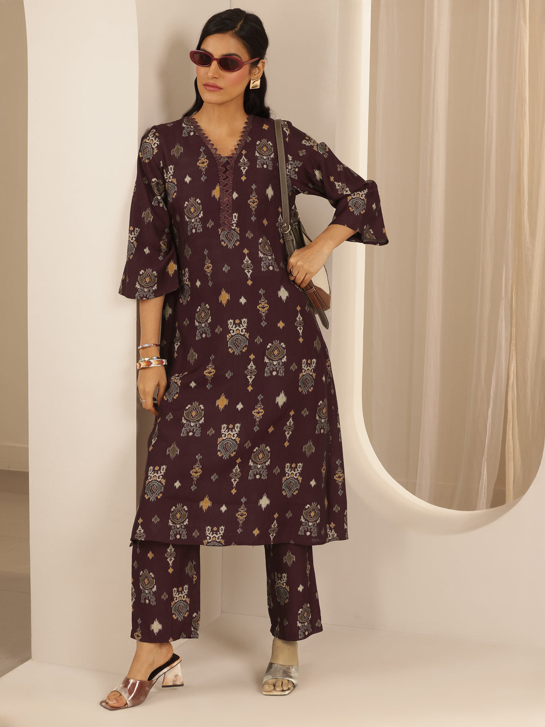 Brown Printed Silk Blend Co-Ord Sets