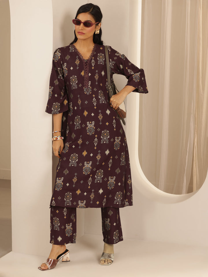 Brown Printed Silk Blend Co-Ord Sets