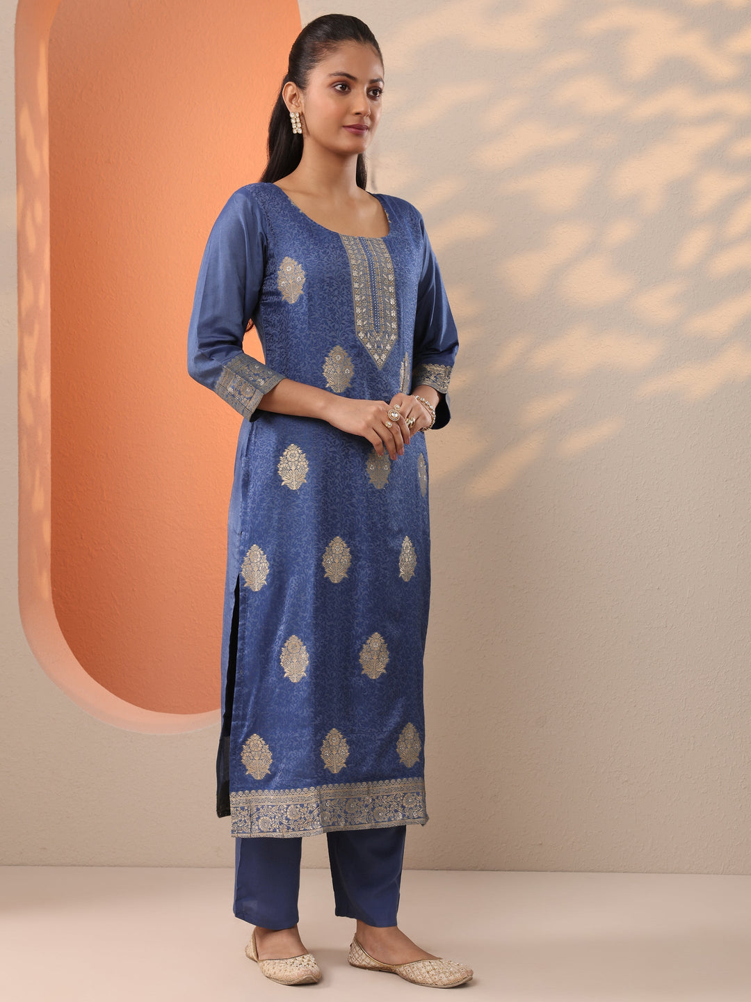 Blue Woven Design Silk Blend Straight Suit Set With Dupatta