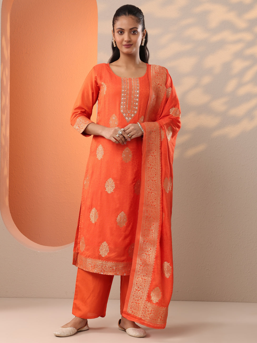 Orange Woven Design Silk Blend Straight Suit Set With Dupatta