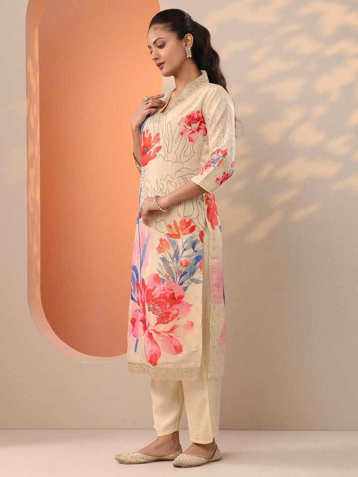 Off White Printed Silk Blend Straight Suit Set With Dupatta