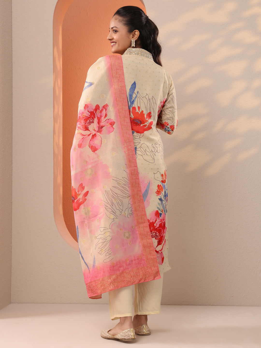 Off White Printed Silk Blend Straight Suit Set With Dupatta