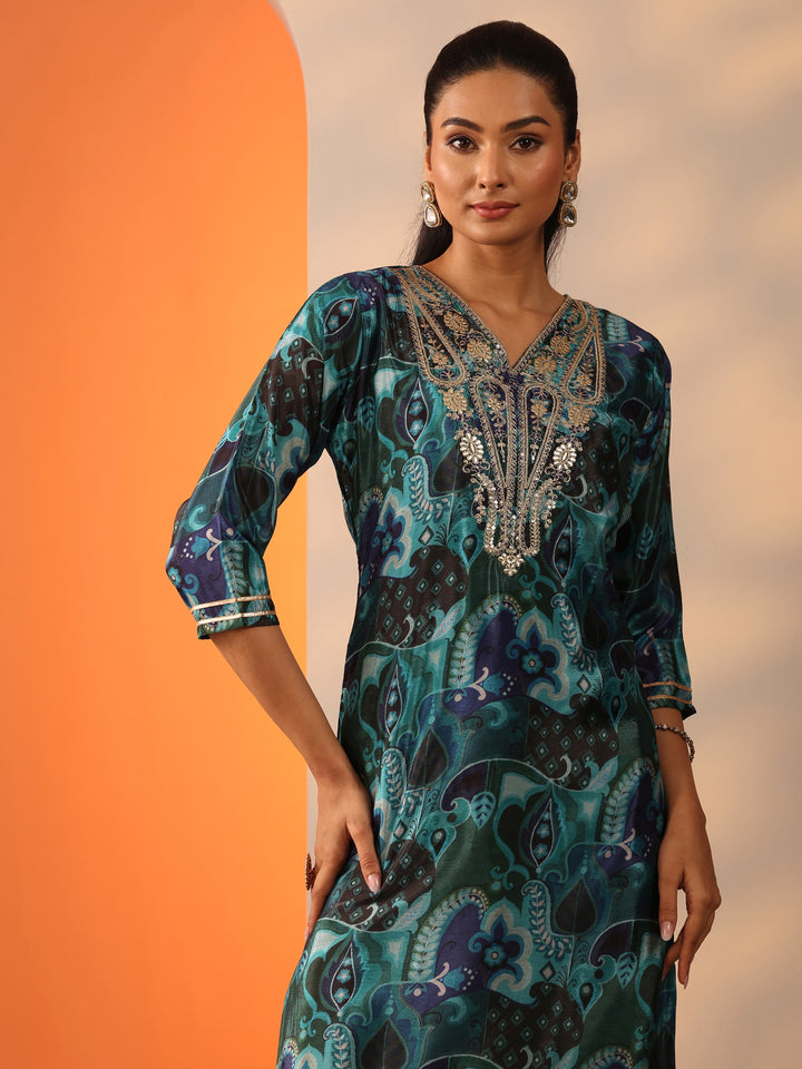 Green Printed Chinon Straight Suit Set With Dupatta