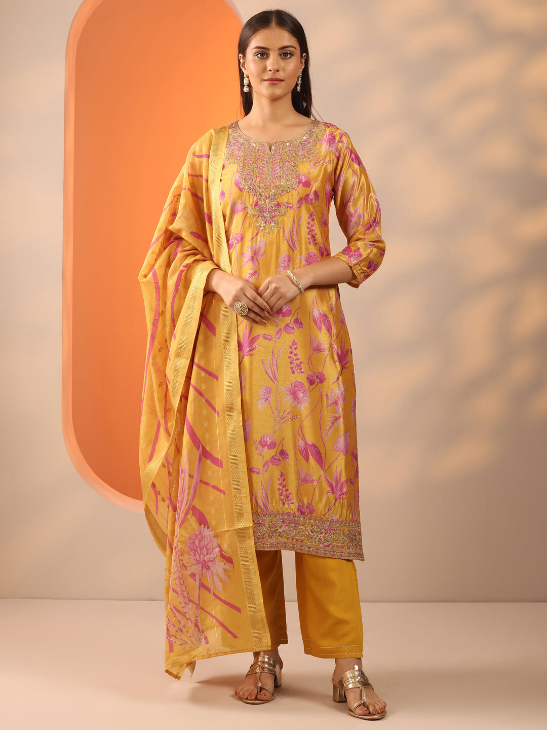 Mustard Printed Chinon Straight Suit Set With Dupatta