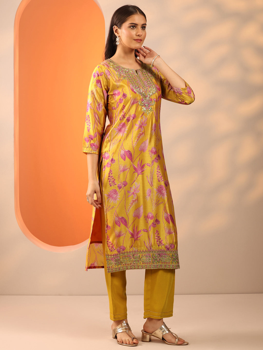 Mustard Printed Chinon Straight Suit Set With Dupatta