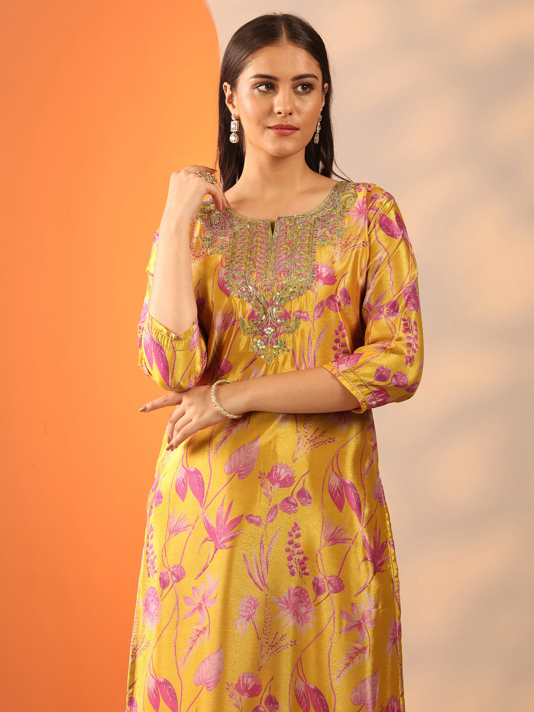 Mustard Printed Chinon Straight Suit Set With Dupatta