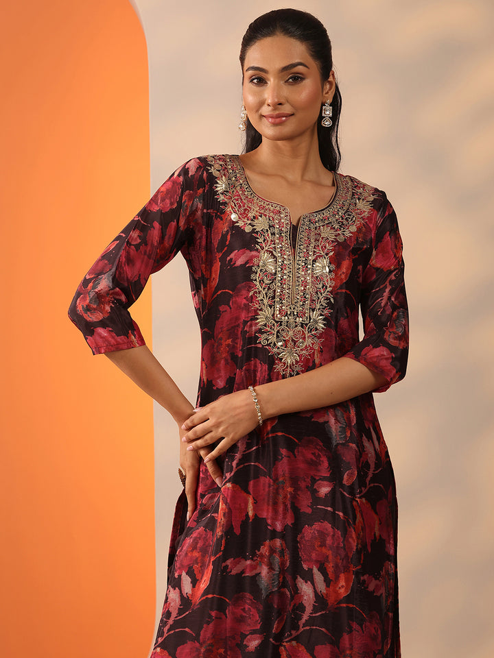 Brown Printed Chinon Straight Suit Set With Dupatta