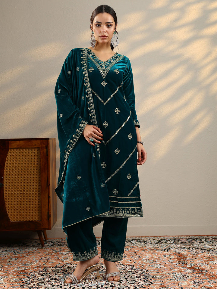Teal Embroidered Velvet Straight Suit Set With Dupatta