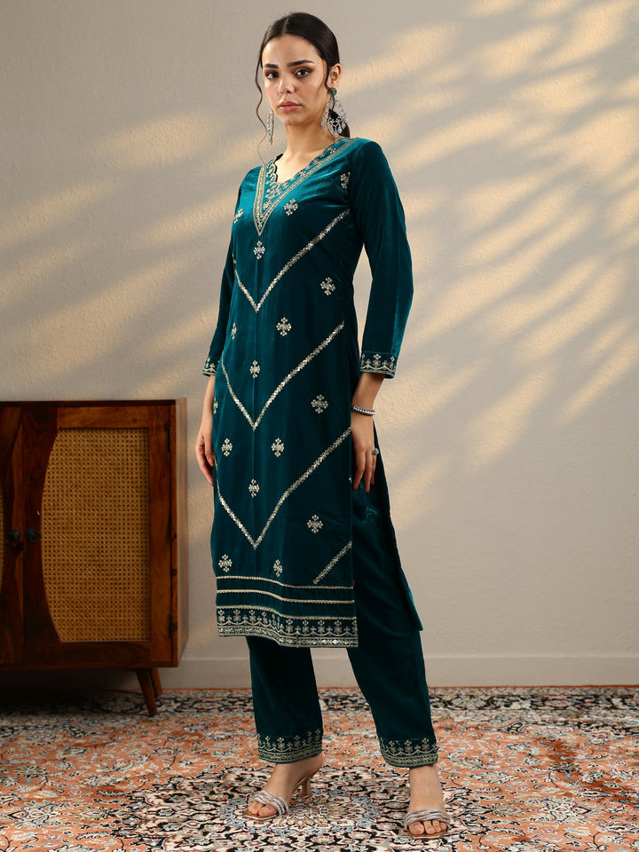 Teal Embroidered Velvet Straight Suit Set With Dupatta
