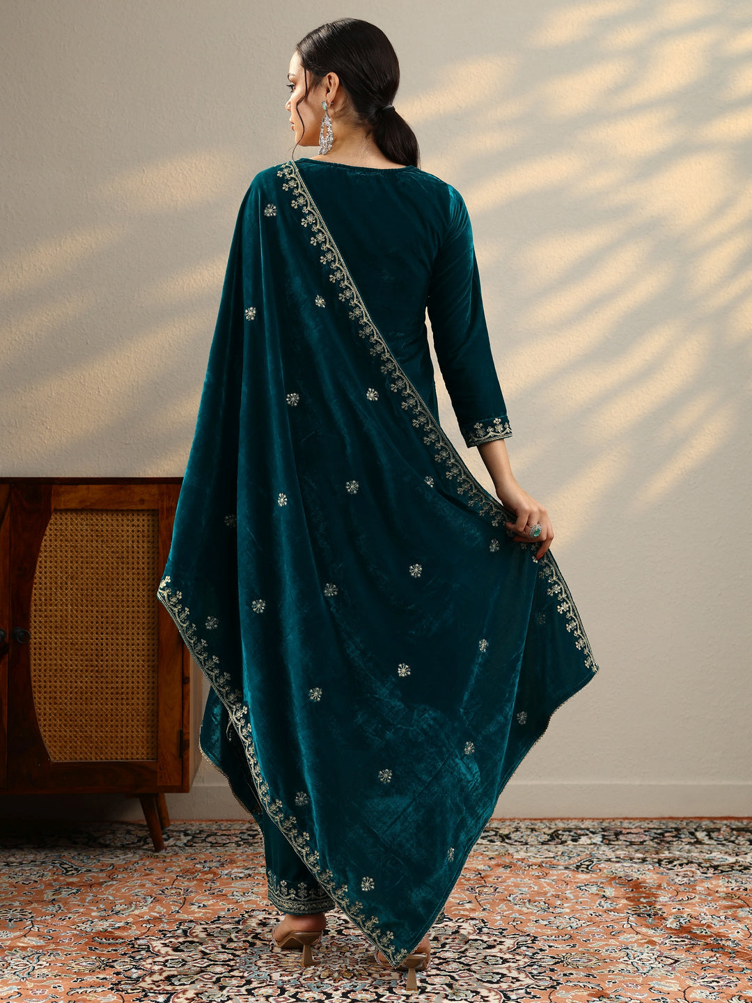 Teal Embroidered Velvet Straight Suit Set With Dupatta
