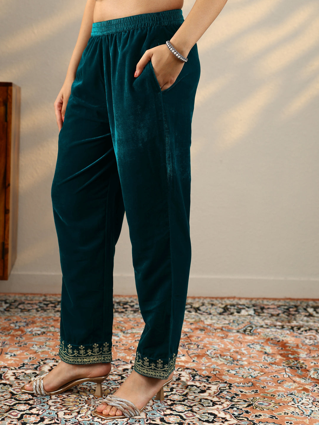 Teal Embroidered Velvet Straight Suit Set With Dupatta