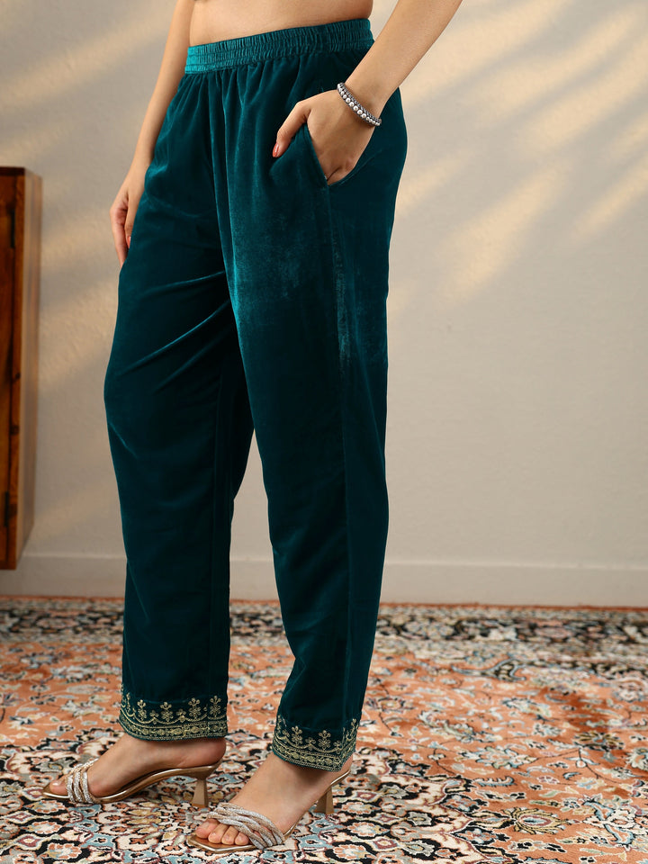 Teal Embroidered Velvet Straight Suit Set With Dupatta