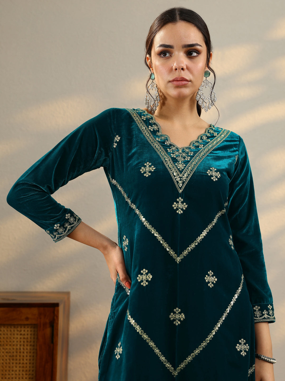 Teal Embroidered Velvet Straight Suit Set With Dupatta