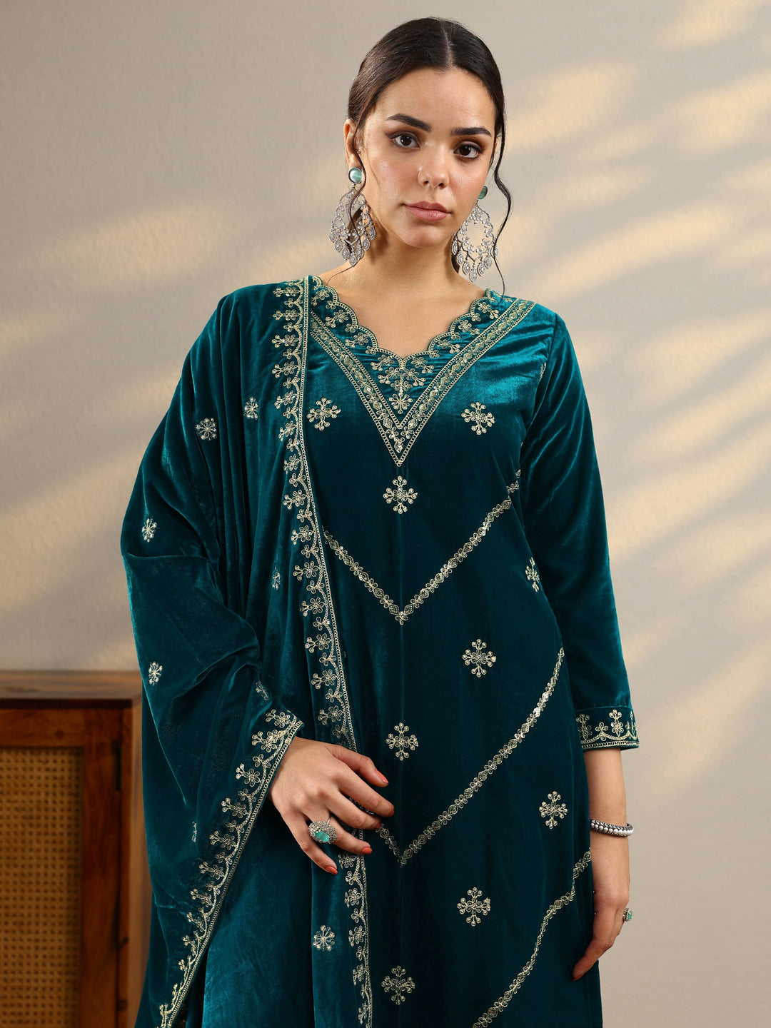 Teal Embroidered Velvet Straight Suit Set With Dupatta