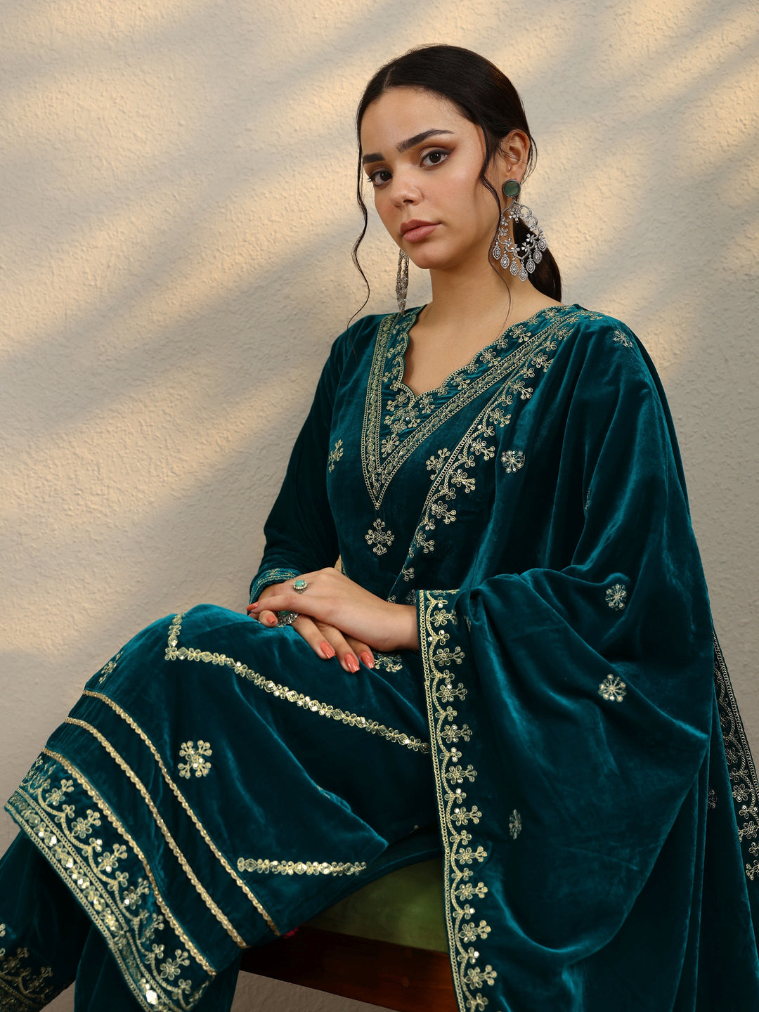Teal Embroidered Velvet Straight Suit Set With Dupatta