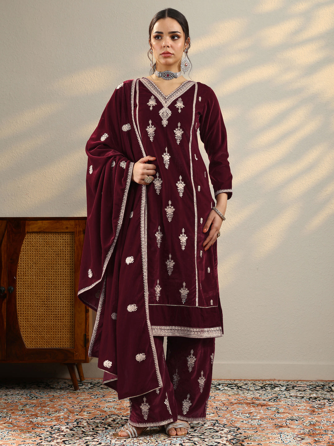Tejasvini Maroon Embroidered Velvet Straight Suit Set With Dupatta