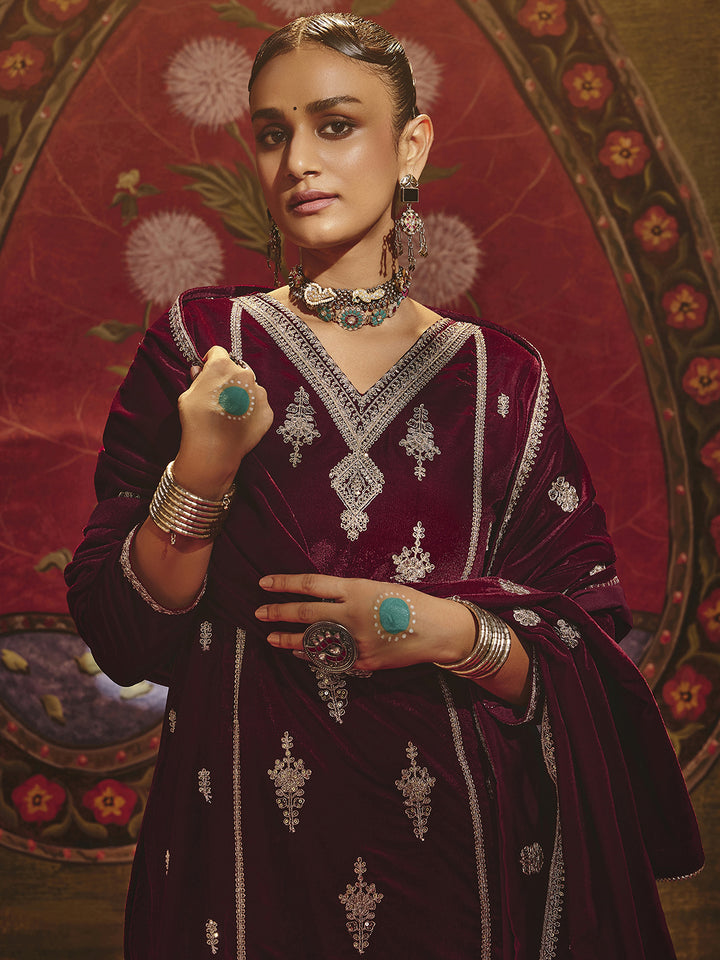 Tejasvini Maroon Embroidered Velvet Straight Suit Set With Dupatta