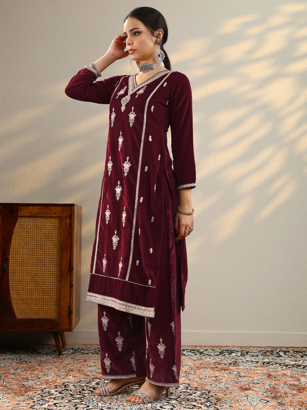 Tejasvini Maroon Embroidered Velvet Straight Suit Set With Dupatta