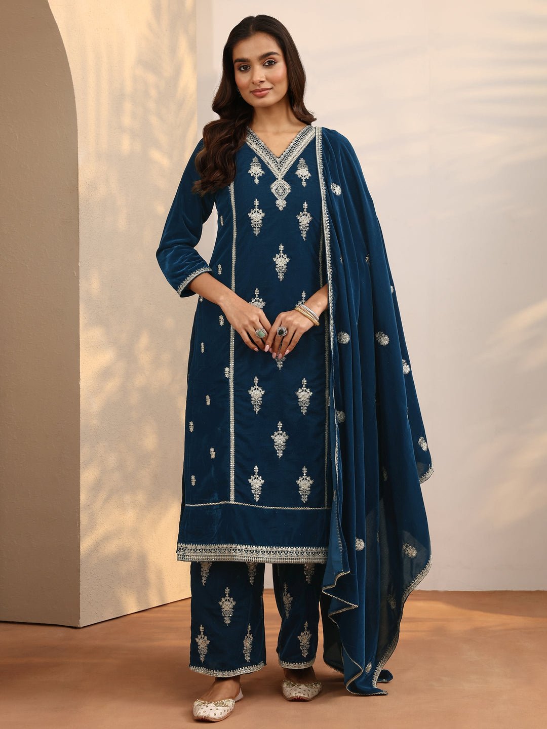 Teal Embroidered Velvet Straight Suit Set With Dupatta