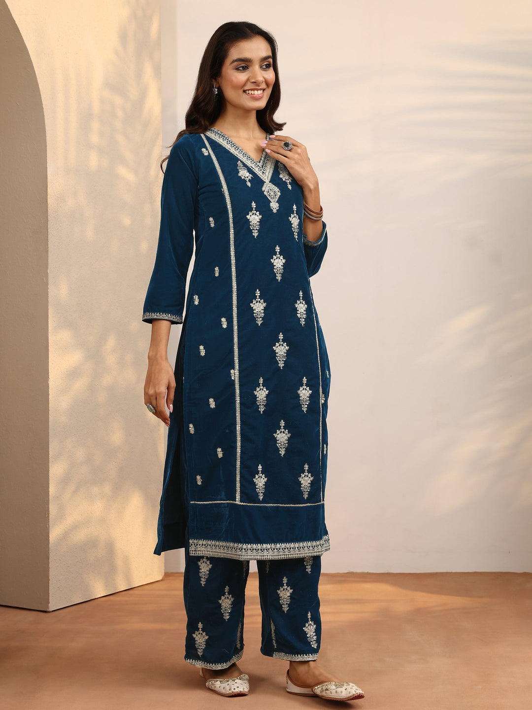 Teal Embroidered Velvet Straight Suit Set With Dupatta