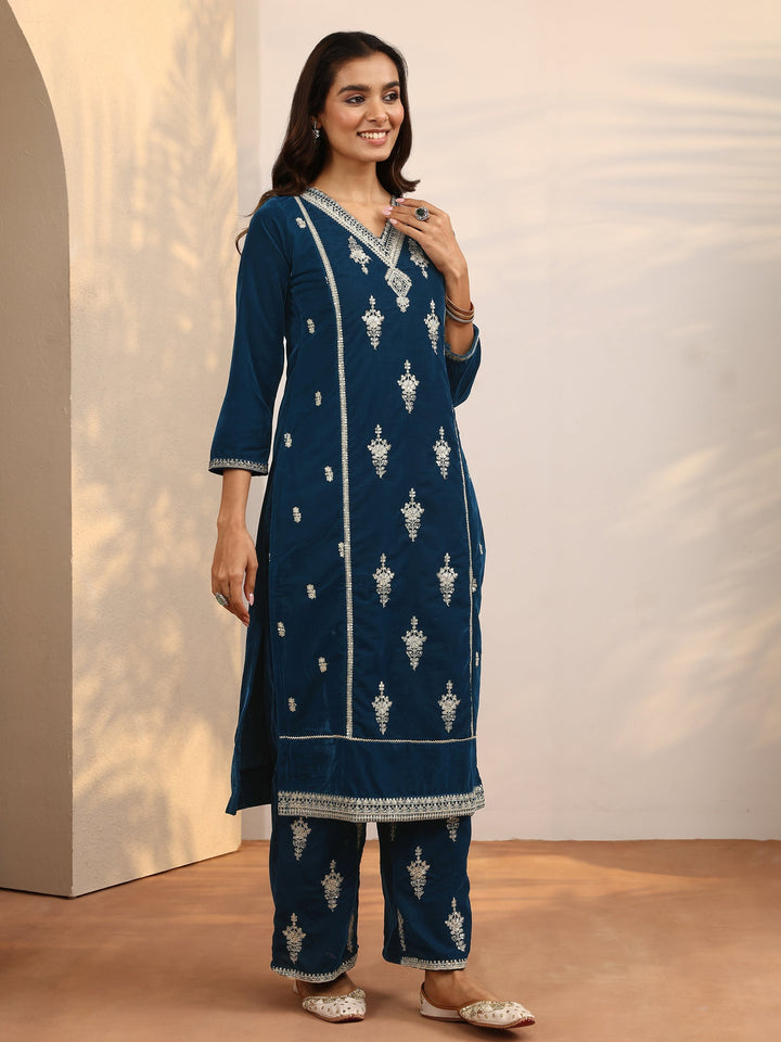 Teal Embroidered Velvet Straight Suit Set With Dupatta