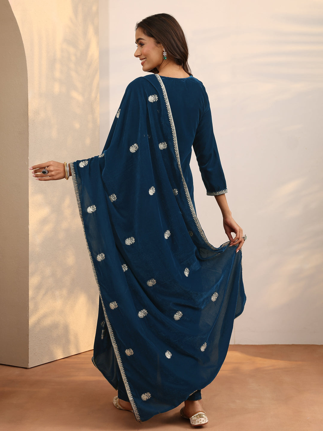 Teal Embroidered Velvet Straight Suit Set With Dupatta