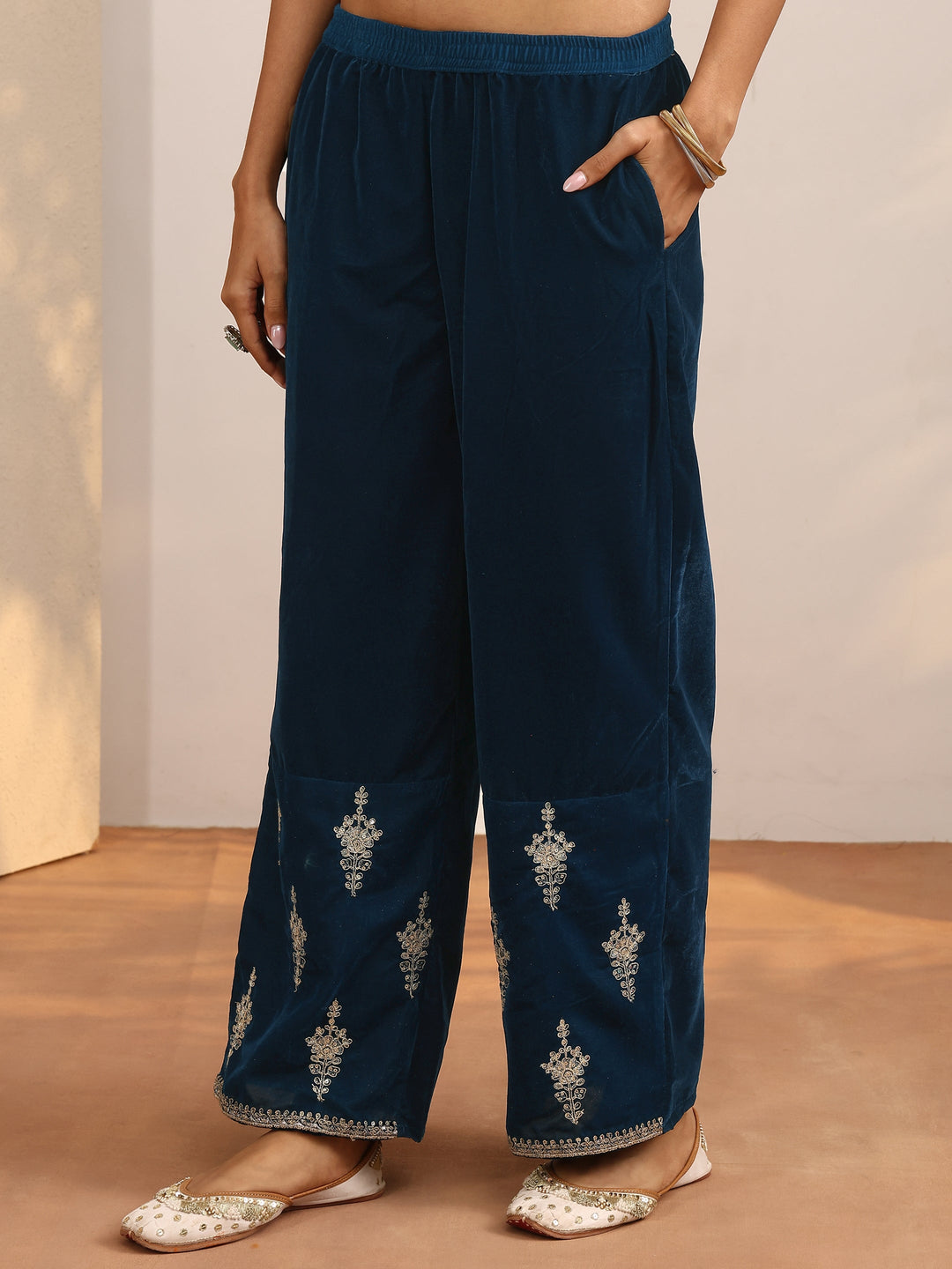 Teal Embroidered Velvet Straight Suit Set With Dupatta